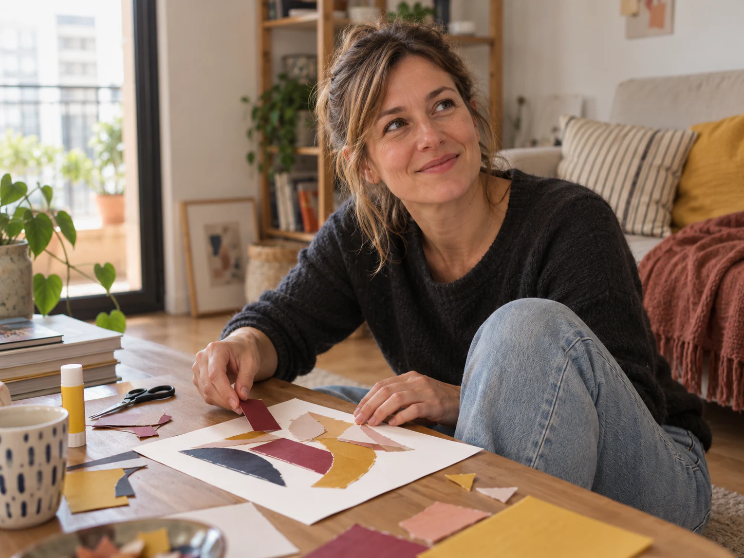 Mulher a compor uma colagem colorida à mesa da sala