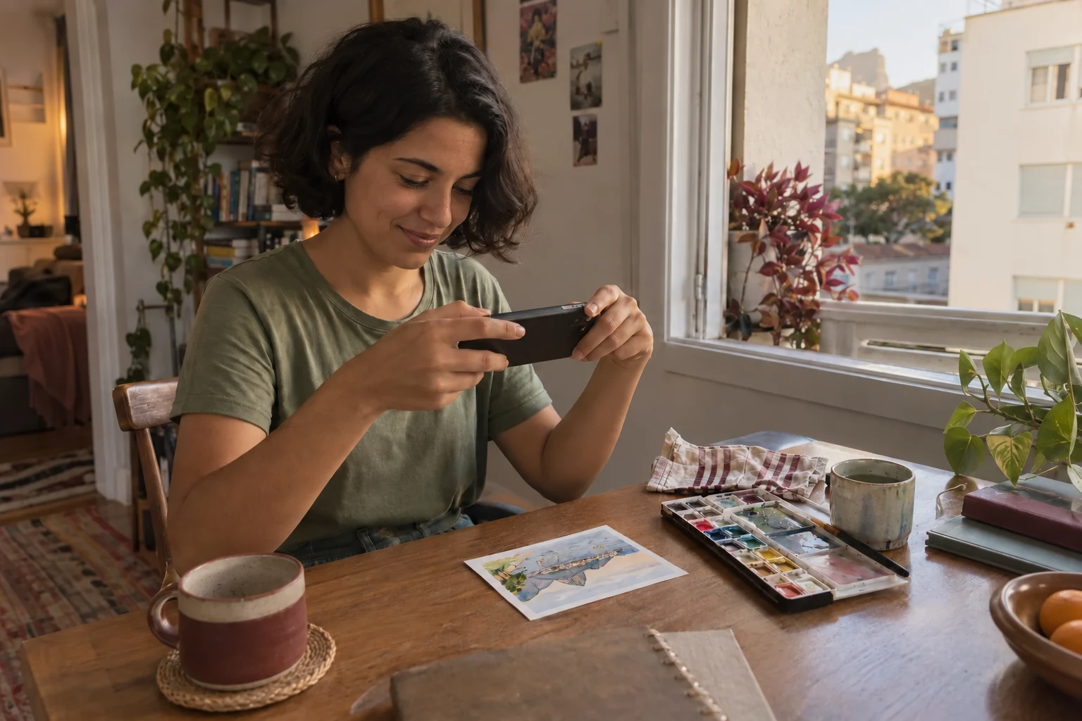 Mulher a fotografar uma pequena aquarela voltada para si, feita em casa para partilhar a descoberta