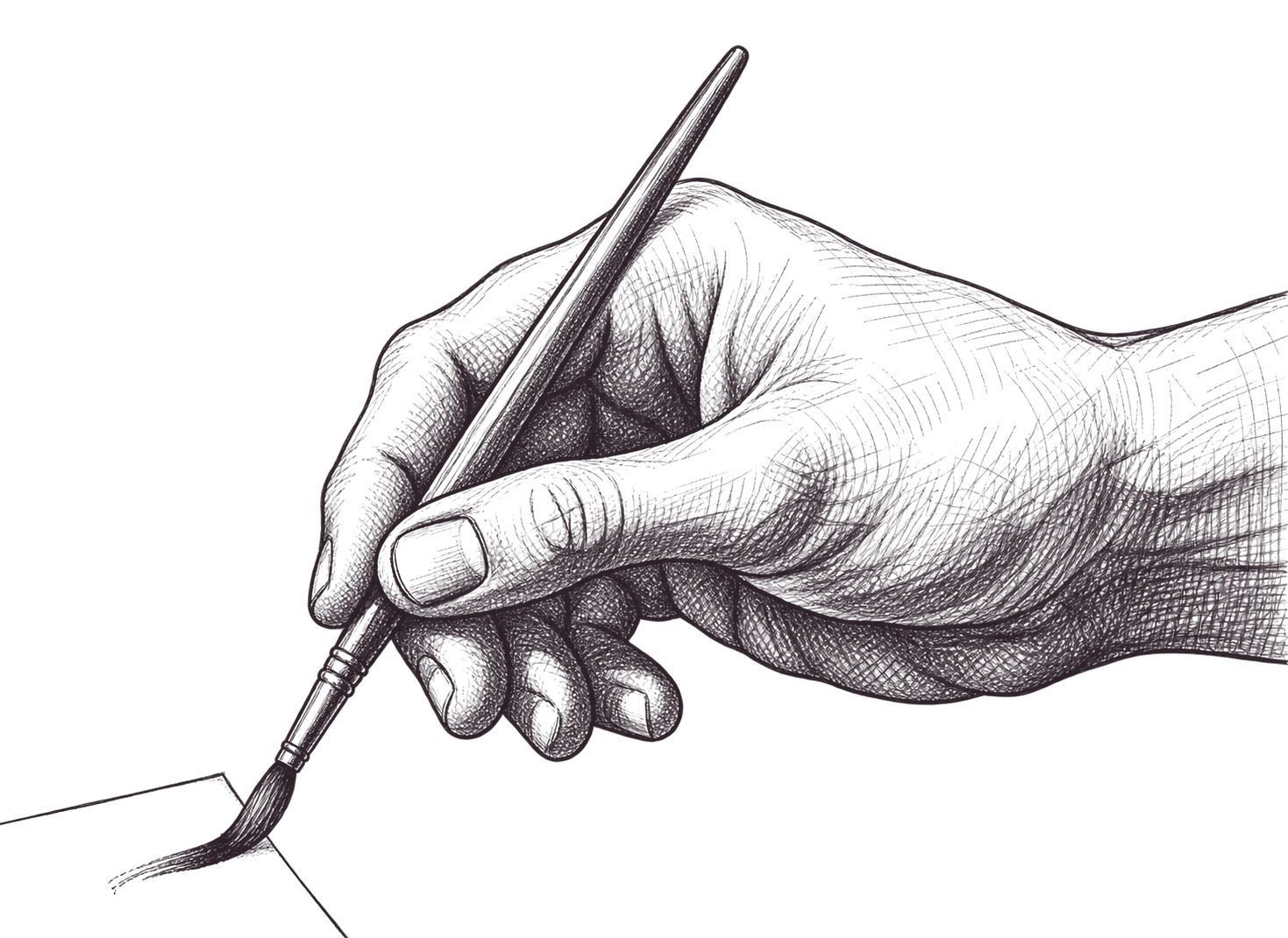 Desenho a lápis de uma mão a iniciar uma pincelada