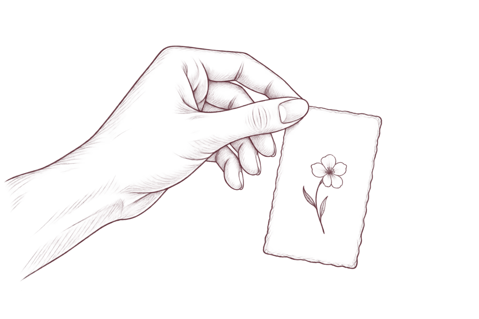 Desenho em traço fino de uma mão a segurar um pequeno cartão com uma flor